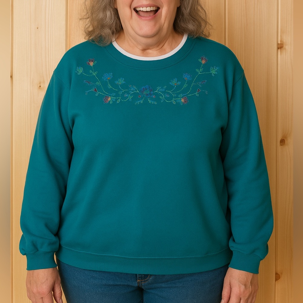 George Classic Grandmacore Sweater XL Floral Embroidered Crewneck Fleece Teal